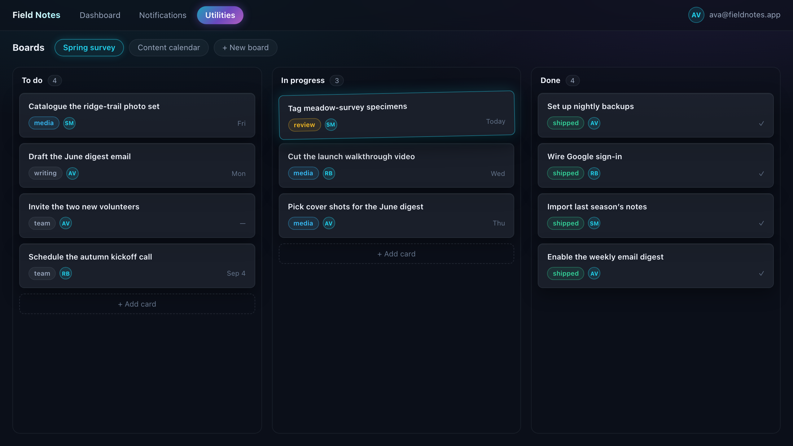 The kanban board engine inside a generated app, dark themed: a Spring survey board with To do, In progress and Done columns of labelled cards, assignees and due dates.